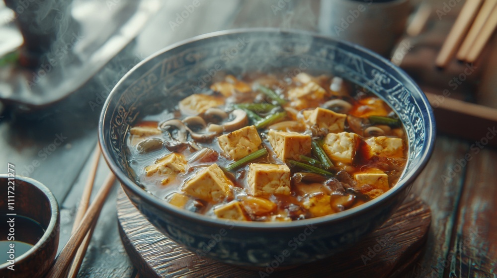 Steaming Hot and Sour Tofu Soup Bowl Asian Cuisine Delicious Food Photography Steaming Hot and Sour Tofu Soup Bowl Asian Cuisine Delicious Food Photography