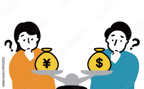 若い夫婦が投資資金を考え、ドル円のお金の袋を天秤にかけるイラスト