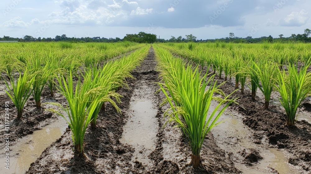 Lush green rice fields with plants growing in rows, reflecting agricultural practices. Lush green rice fields with plants growing in rows, reflecting agricultural practices.