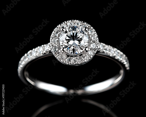 White gold or platinum diamond ring on black background. Jewelry. Engagement ring. photo