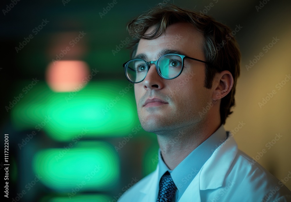 Focused male lab researcher in white coat looks upward with determination, showcasing a modern scientific environment illuminated by green lights in the background. Focused male lab researcher in white coat looks upward with determination, showcasing a modern scientific environment illuminated by green lights in the background.