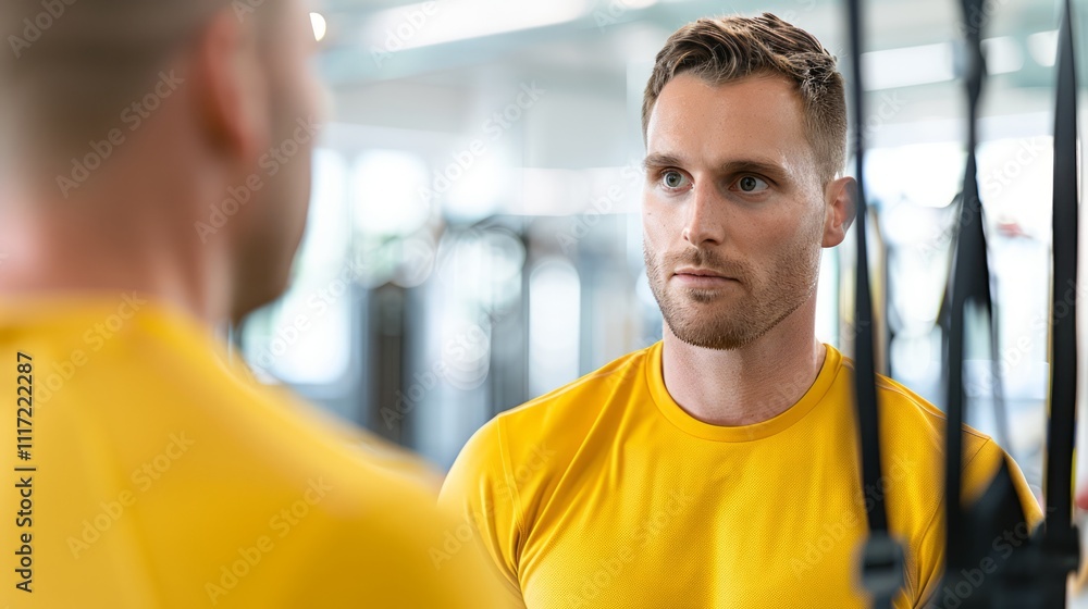 Determined Young Man in Yellow T-Shirt Reflects on His Fitness Journey While Working Out in a Modern Gym Surrounded by Exercise Equipment and Natural Light Determined Young Man in Yellow T-Shirt Reflects on His Fitness Journey While Working Out in a Modern Gym Surrounded by Exercise Equipment and Natural Light