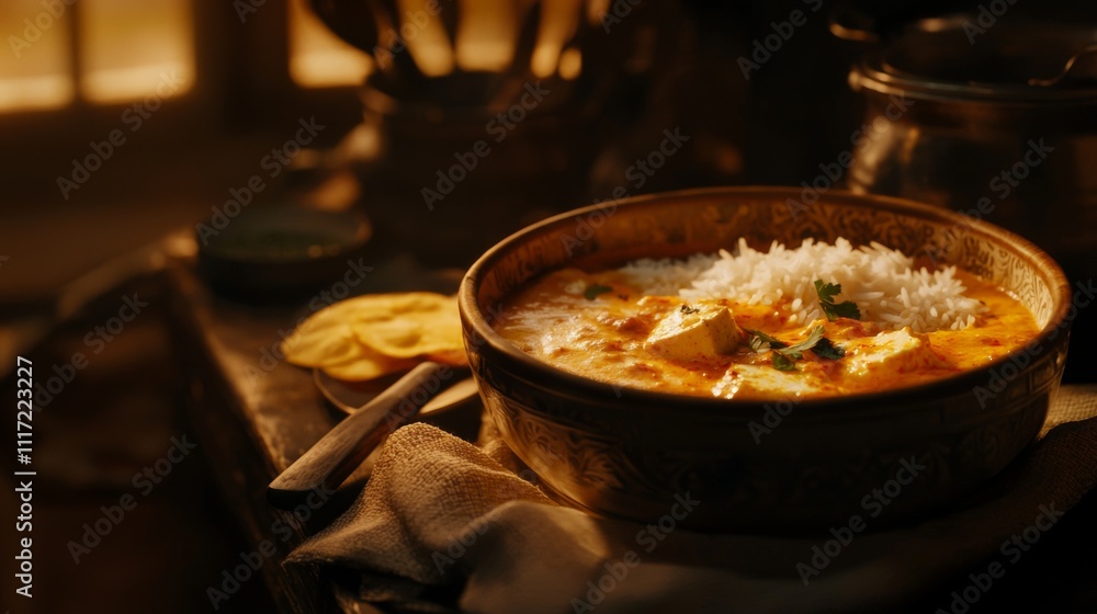 Delicious Paneer Butter Masala with Basmati Rice Papad Delicious Paneer Butter Masala with Basmati Rice Papad