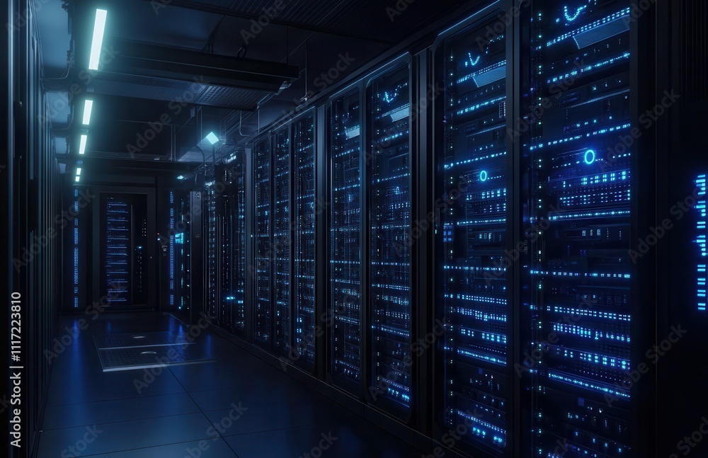 Futuristic Data Center Corridor with Illuminated Server Racks and Cutting-edge Technology for Networking, Computing, and Digital Storage Solutions Futuristic Data Center Corridor with Illuminated Server Racks and Cutting-edge Technology for Networking, Computing, and Digital Storage Solutions