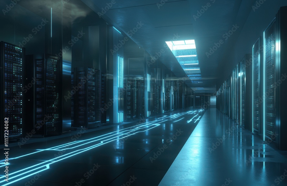Fototapeta premium Futuristic Data Center Interior with Neon Lights, Rows of Servers, and Glowing Circuit Patterns Highlighting a High-Tech Environment for Digital Storage Solutions