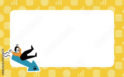 不安定な投資で資産運用に失敗し、マイナスに悩む男性のイラスト&フレーム背景：リスクと資産のバランス