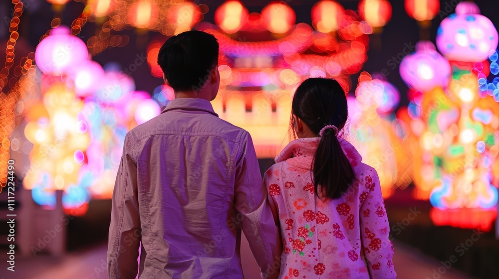 Obraz premium Romantic couple admiring colorful festival lights during a cultural celebration, showcasing joyful atmosphere and vibrant decorations in the evening glow.