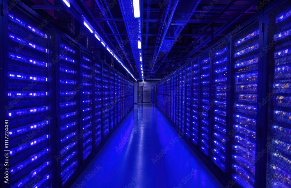 Futuristic Data Center with Rows of Servers Illuminated by Blue LED Lights, Creating a High-Tech Atmosphere of Modern Computing and Data Processing Futuristic Data Center with Rows of Servers Illuminated by Blue LED Lights, Creating a High-Tech Atmosphere of Modern Computing and Data Processing