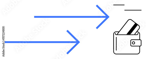 Blue arrows point toward a wallet containing a credit card, symbolizing currency transfer or payment. Ideal for financial transactions, banking, digital payments, e-commerce, savings, investments