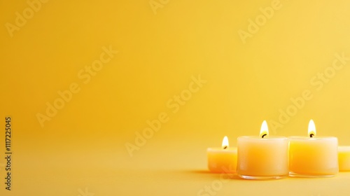 Simple bright yellow background with a small lantern on the floor.