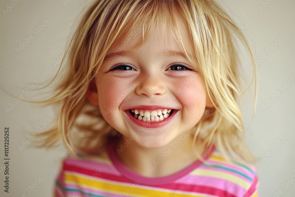 Young child portrait striped shirt joyful expression Young child portrait striped shirt joyful expression