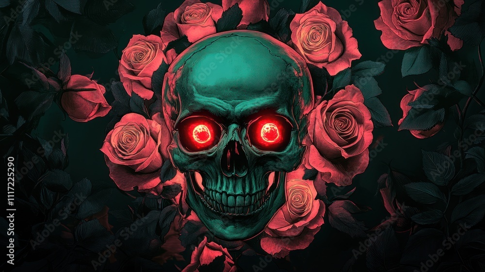 A glowing skull surrounded by red roses against a dark background. A glowing skull surrounded by red roses against a dark background.