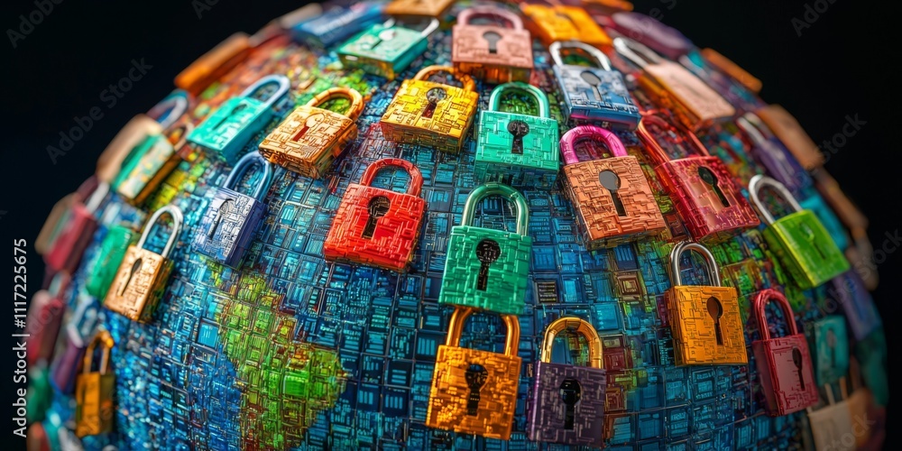 Fototapeta premium Global Cybersecurity Digital Locks Protecting Data Encryption on Earth