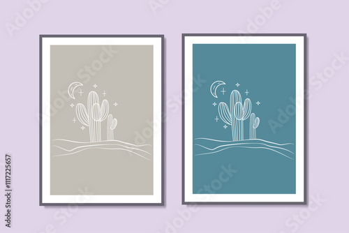 Natural view landscape linear printable poster artwork. Modern framed canvas prints minimal Vector art. Elegance moon and cactus bauhaus minimalism interior design. 