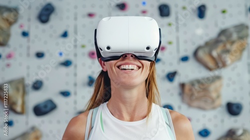 Wallpaper Mural Excited Woman Wearing Virtual Reality Headset in Climbing Gym Enjoying Her Experience and Embracing New Technology While Smiling Brightly Against Colorful Wall Background Torontodigital.ca
