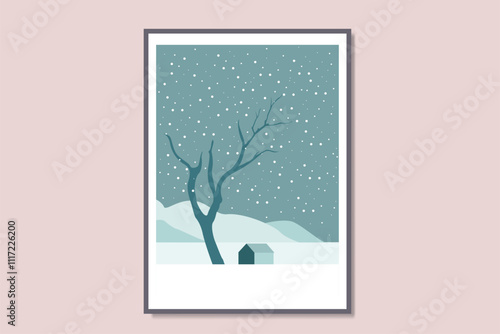 Natural view landscape printable hills poster. Modern framed canvas prints minimal Vector illustration: elegance home, and tree snowfall minimalism interior design. 