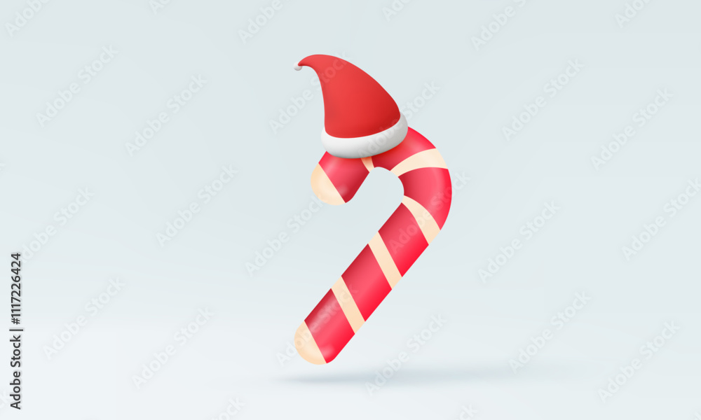 Christmas candy cane with red hat 3d vector icon on pastel background Celebration decorative holiday december season merry xmas festive decor design elements illustration Christmas candy cane with red hat 3d vector icon on pastel background Celebration decorative holiday december season merry xmas festive decor design elements illustration