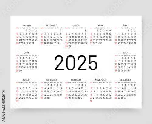 2025 calendar. Yearly grid with 12 month. Template of pocket or wall calenders. Week starts Sunday. Organizer layout in simple design. Desk planner. Landscape orientation, English. Vector illustration