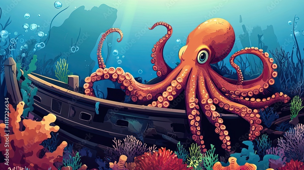 Obraz premium An Octopus Rests Upon a Sunken Ship Wreck