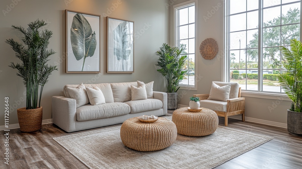 Fototapeta premium A bright living room showcases a comfortable couch, decorative plants, and woven accents. Large windows invite natural light, enhancing the inviting ambiance of the space.