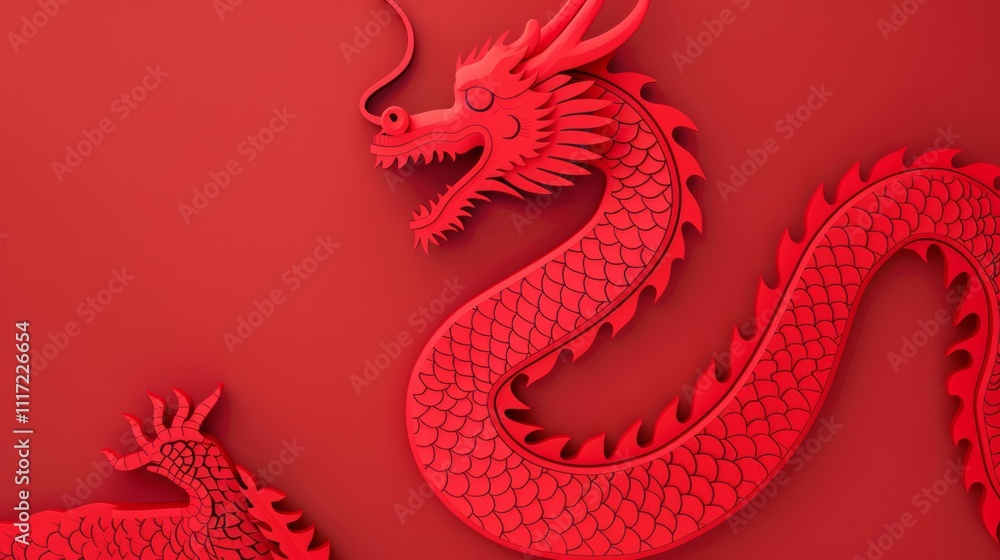 Fototapeta premium Intricate Paper-Cut Style Red Dragon Design on a Vibrant Red Background Symbolizing Strength and Prosperity for Cultural Celebrations and Artistic Representations