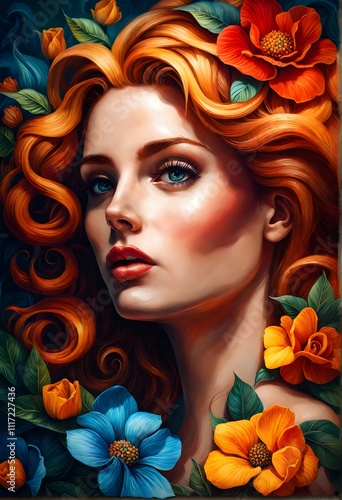 Portrait of beautiful young woman wearing wreath. Artwork 