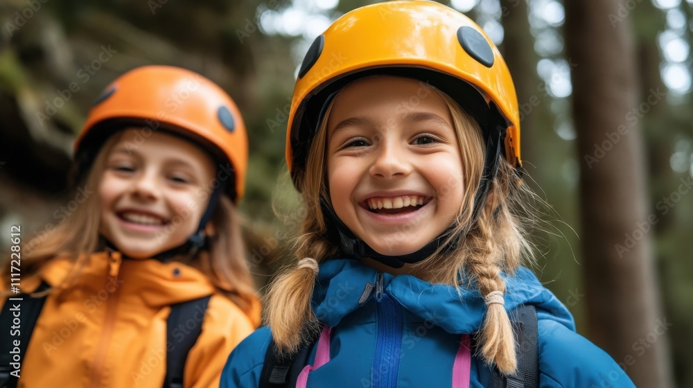 Happy girls with helmets enjoying outdoor adventure in forest, smiling and having fun during climbing activity Happy girls with helmets enjoying outdoor adventure in forest, smiling and having fun during climbing activity