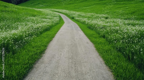 Paved road through a serene, green meadow with wildflowers in full bloom, Meadow road, Peaceful, scenic, vibrant