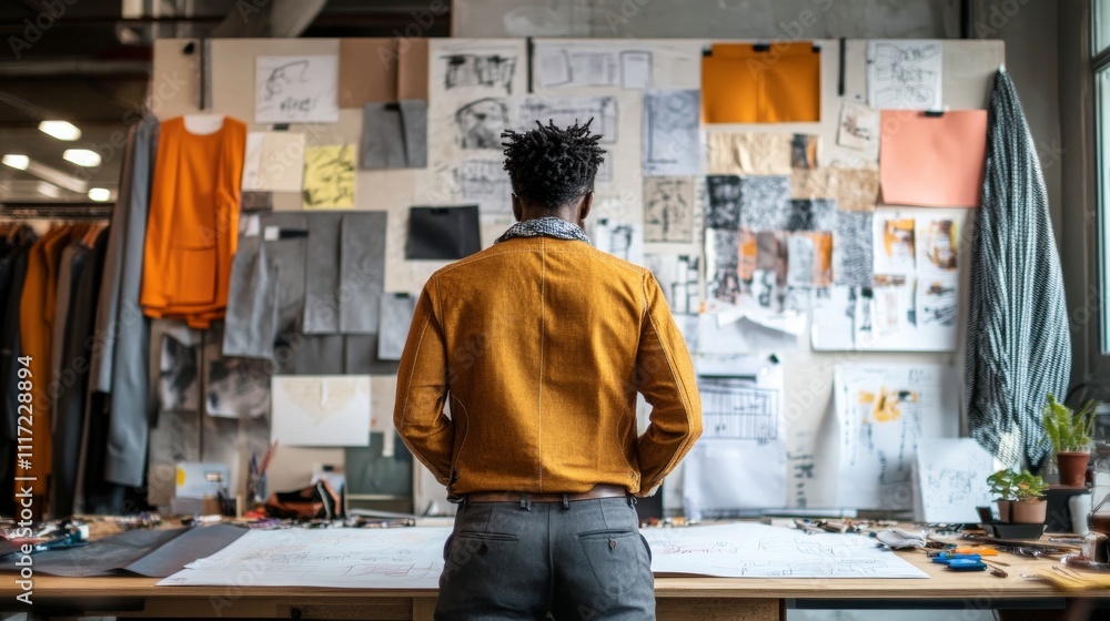 Tailor in a studio brainstorming over a sketch board for future designs. Tailor in a studio brainstorming over a sketch board for future designs.