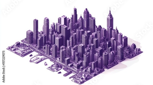 Violet city map with isometric architecture for business concepts. 