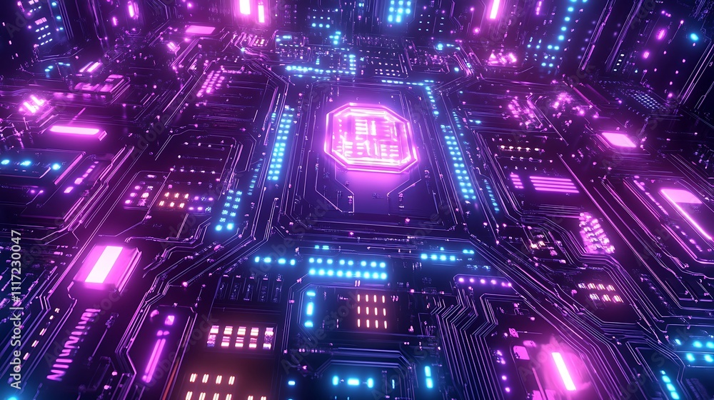 Neon Tech Circuit Board Vibrant Lights High-Tech Digital Design Illustration Neon Tech Circuit Board Vibrant Lights High-Tech Digital Design Illustration