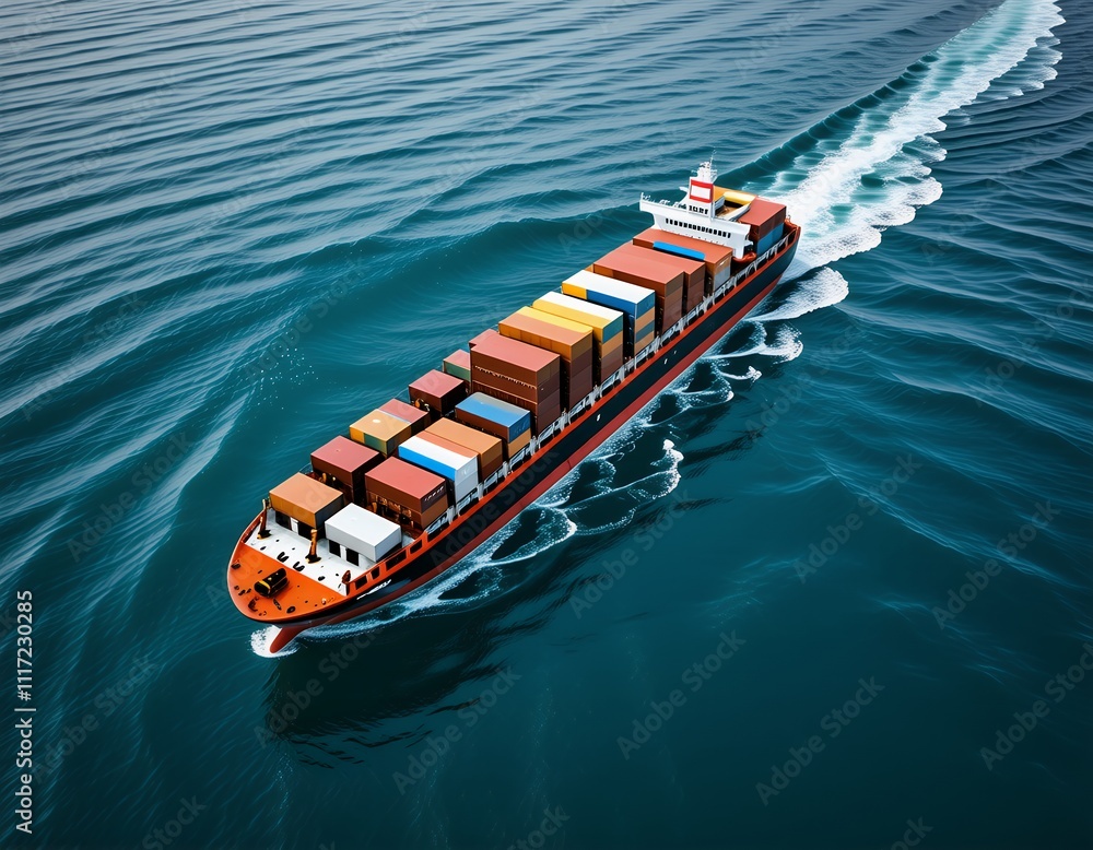 Fototapeta premium Aerial View of Cargo Ship at Sea Global Trade Maritime Transport Container Shipping