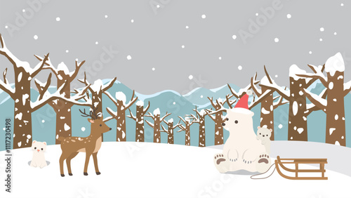 冬の森の風景　可愛いシロクマの親子（フルHD 16:9サイズ）