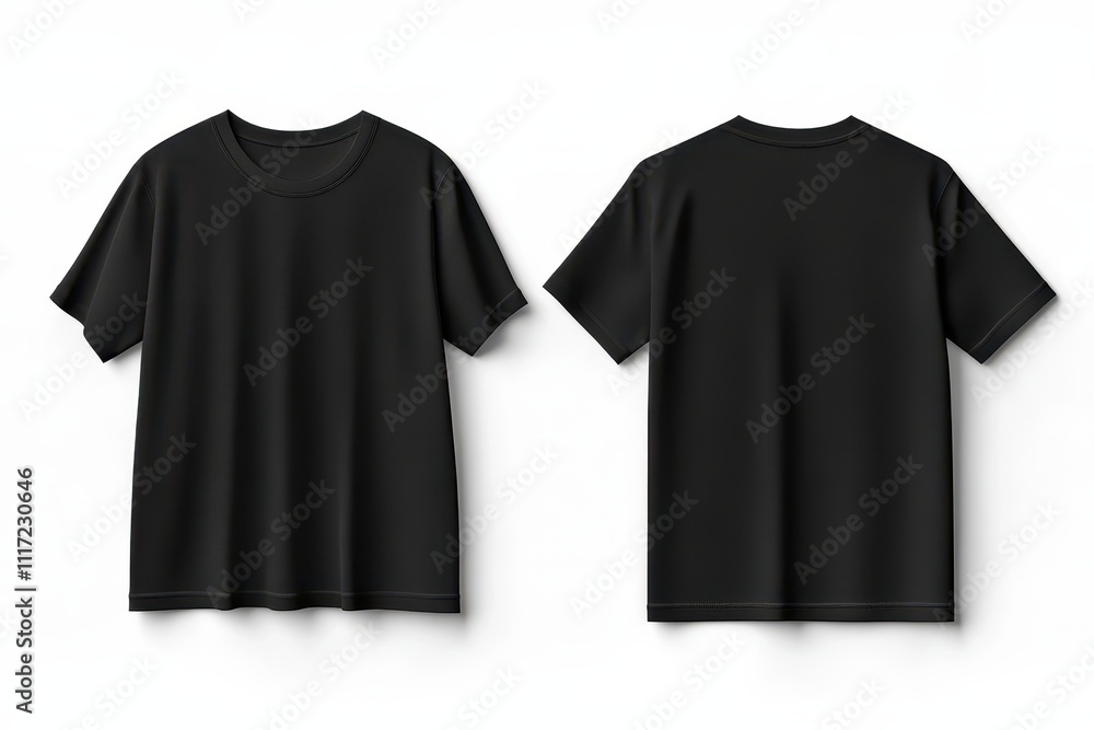A simple black t-shirt displayed from the front and back views. A simple black t-shirt displayed from the front and back views.