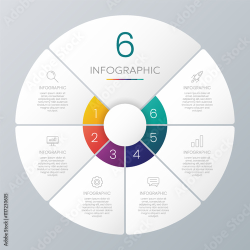 Circle chart infographic template with 6 options for presentations.