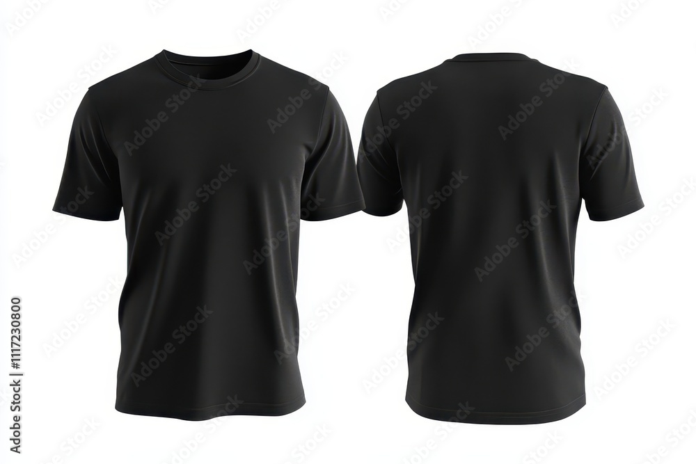 A black t-shirt displayed from the front and back, suitable for casual wear or branding. A black t-shirt displayed from the front and back, suitable for casual wear or branding.
