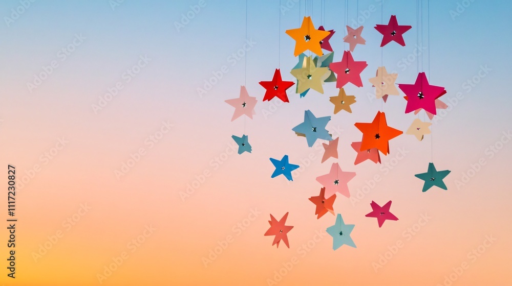 A whimsical arrangement of multicolored paper flakes shaped like stars and circles, suspended in mid-air against a gradient sunset background A whimsical arrangement of multicolored paper flakes shaped like stars and circles, suspended in mid-air against a gradient sunset background