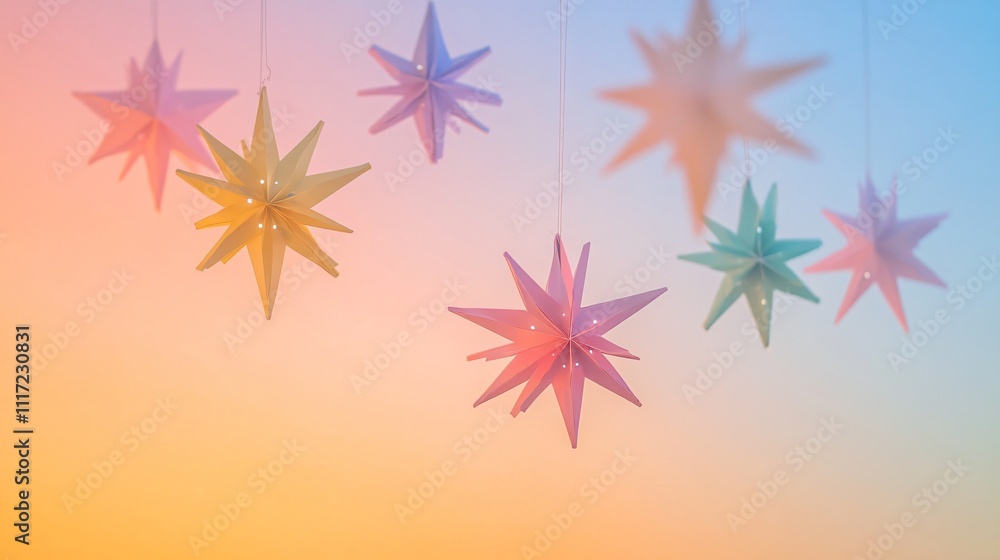 A whimsical arrangement of multicolored paper flakes shaped like stars and circles, suspended in mid-air against a gradient sunset background A whimsical arrangement of multicolored paper flakes shaped like stars and circles, suspended in mid-air against a gradient sunset background