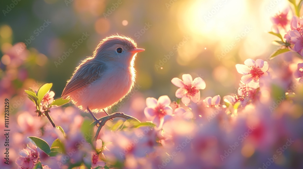 Bird in blooming flowers at sunset Bird in blooming flowers at sunset