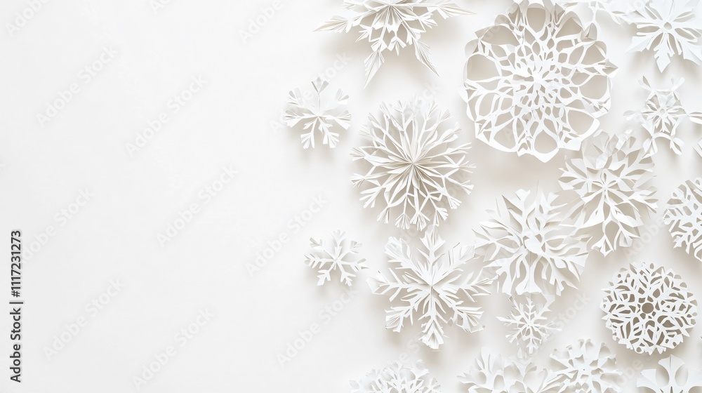 Delicate paper snowflakes intricately cut with lace-like patterns, scattered randomly on a pure white background Delicate paper snowflakes intricately cut with lace-like patterns, scattered randomly on a pure white background