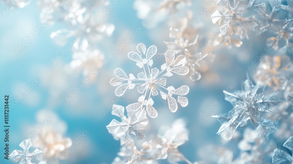 Delicate snowflake-shaped paper flakes in frosty white and blue tones, hanging sparsely on an icy light blue background Delicate snowflake-shaped paper flakes in frosty white and blue tones, hanging sparsely on an icy light blue background