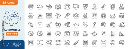Automobile line editable icon set. Containing icons related to car, vehicle, auto, car part and more.  Editable stroke. Vector illustration	