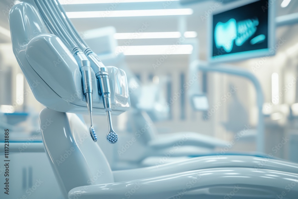 Modern Dental Clinic Interior with Advanced Equipment, Sleek Treatment Chair, and Bright Ambient Lighting for Patient Comfort and Care Enhancement Modern Dental Clinic Interior with Advanced Equipment, Sleek Treatment Chair, and Bright Ambient Lighting for Patient Comfort and Care Enhancement