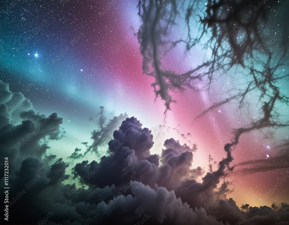 Magical Night Sky Aurora Clouds Stars and Silhouette Branches Magical Night Sky Aurora Clouds Stars and Silhouette Branches