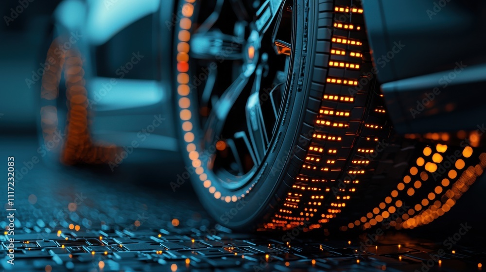 Fototapeta premium Futuristic glowing ev tire energy efficiency in urban settings