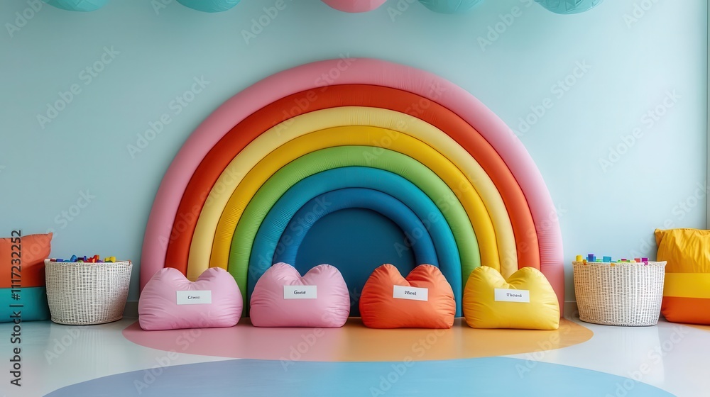 Colorful playroom with rainbow wall art, soft building blocks, and labeled storage baskets, blending fun with functionality Colorful playroom with rainbow wall art, soft building blocks, and labeled storage baskets, blending fun with functionality