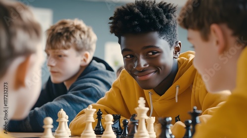 A cinematic frame of a group of teenagers playing chess during a club meeting, strategizing their moves carefully.