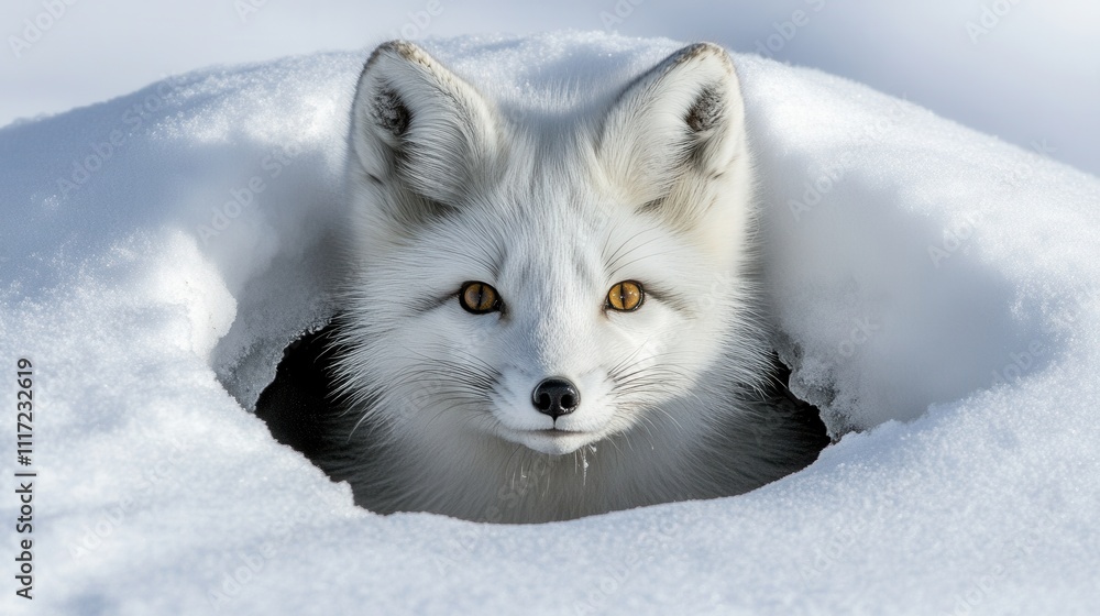 Arctic fox peering from snow den, intense amber eyes. Perfect for winter, wildlife, and animal themes; evokes mystery and beauty. Arctic fox peering from snow den, intense amber eyes. Perfect for winter, wildlife, and animal themes; evokes mystery and beauty.