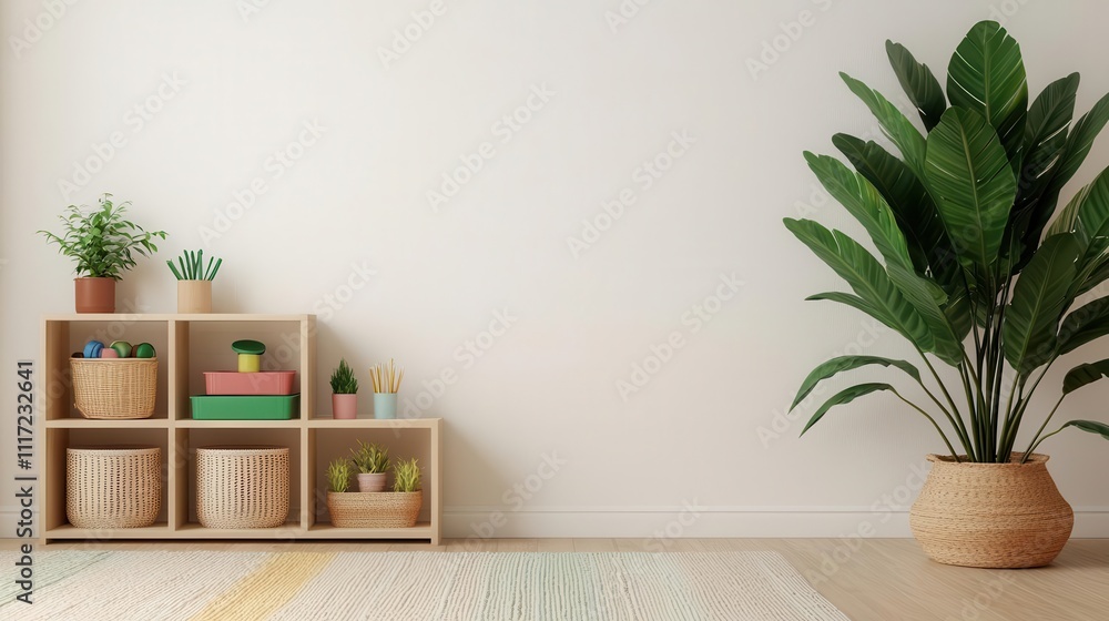 Montessoriinspired playroom with low shelves, educational toys, and organized storage boxes, designed for independent learning Montessoriinspired playroom with low shelves, educational toys, and organized storage boxes, designed for independent learning