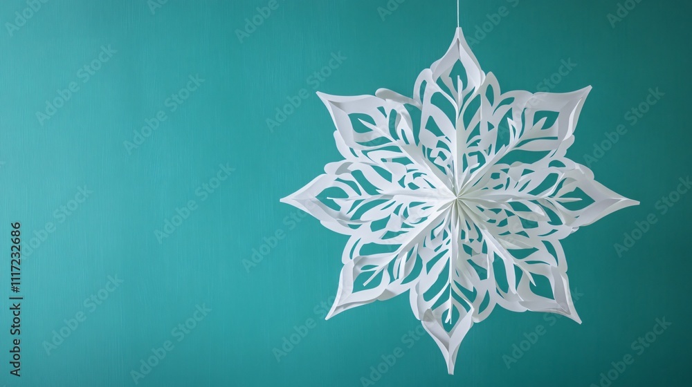 Obraz premium Intricately cut white paper flakes in mandala patterns, hanging in a symmetrical arrangement against a soft teal background